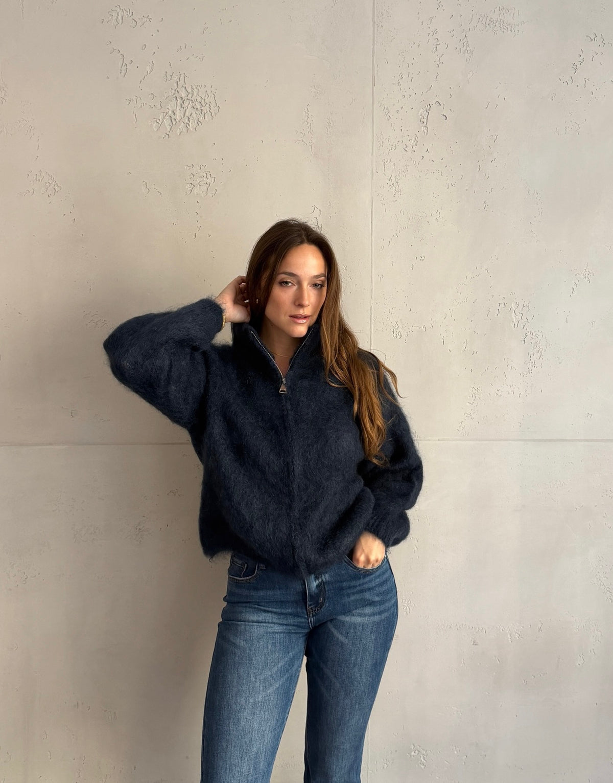 Mohair Zip-Strickjacke mit Stehkragen in Navy