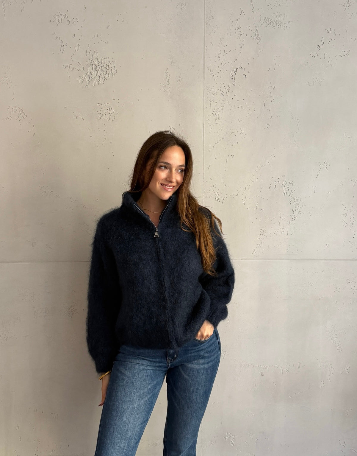 Mohair Zip-Strickjacke mit Stehkragen
