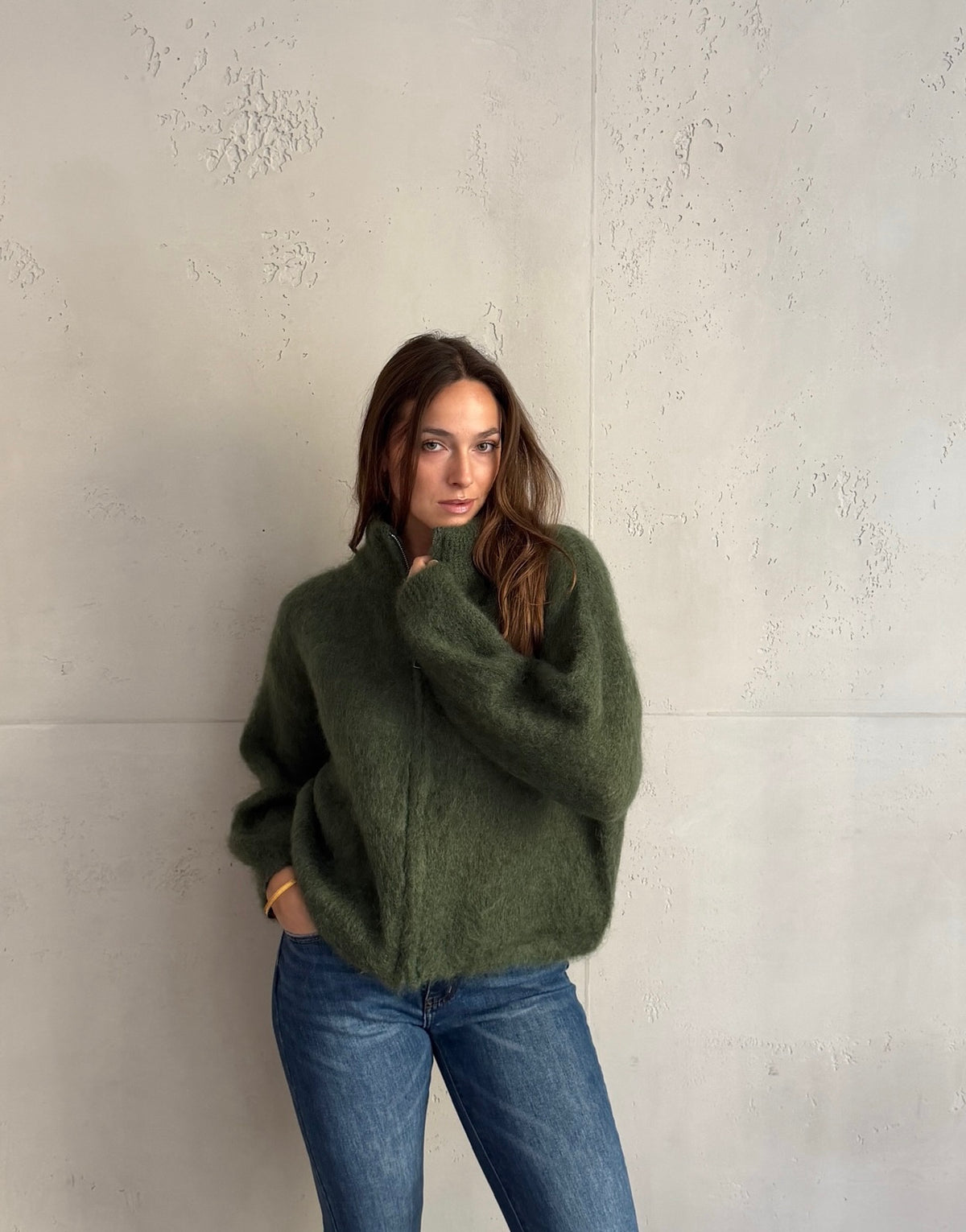 Mohair Zip-Strickjacke mit Stehkragen