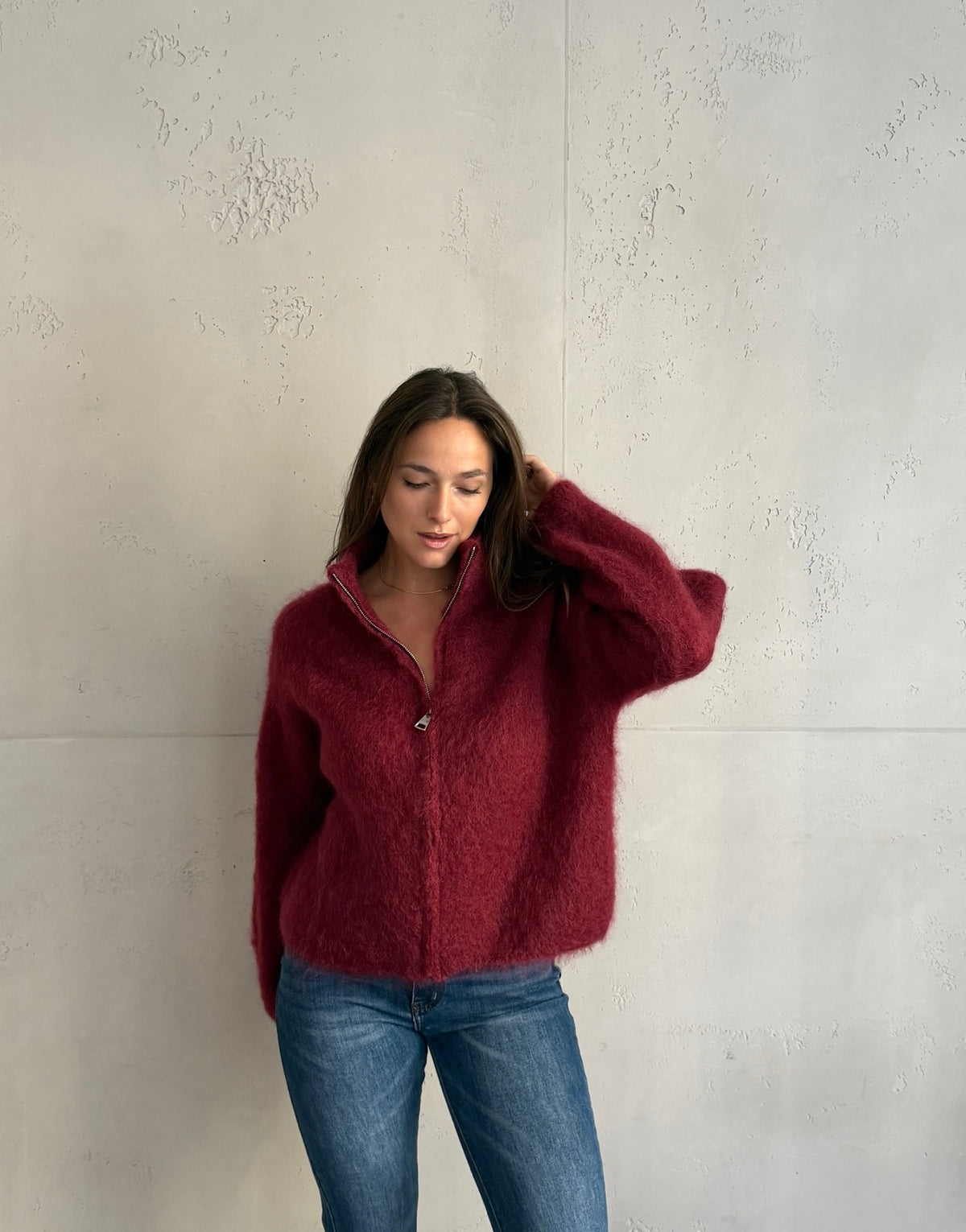 Mohair Zip-Strickjacke mit Stehkragen