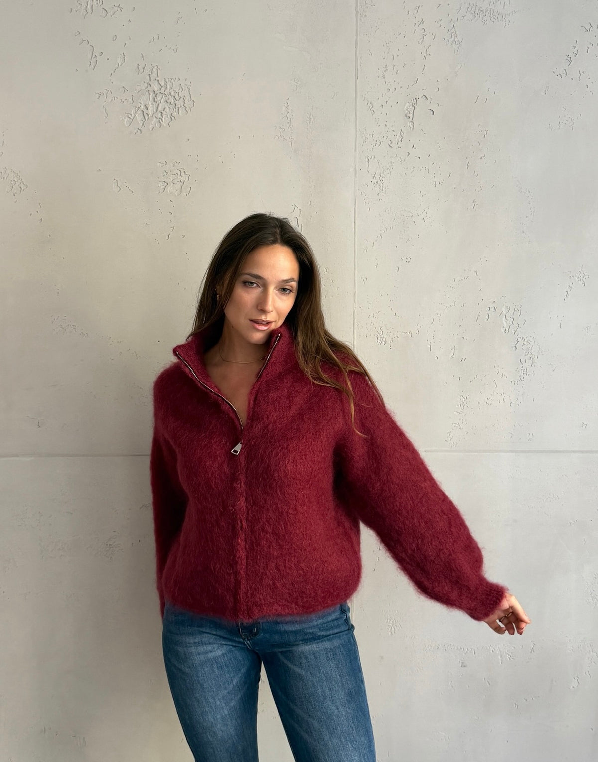 Mohair Zip-Strickjacke mit Stehkragen in Weinrot