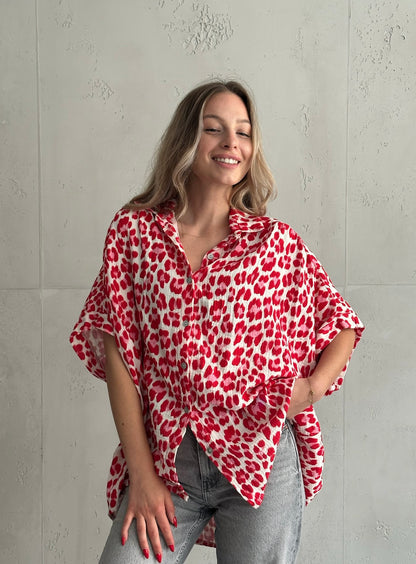 Oversize Leo Musselin Bluse mit kurzen Ärmeln