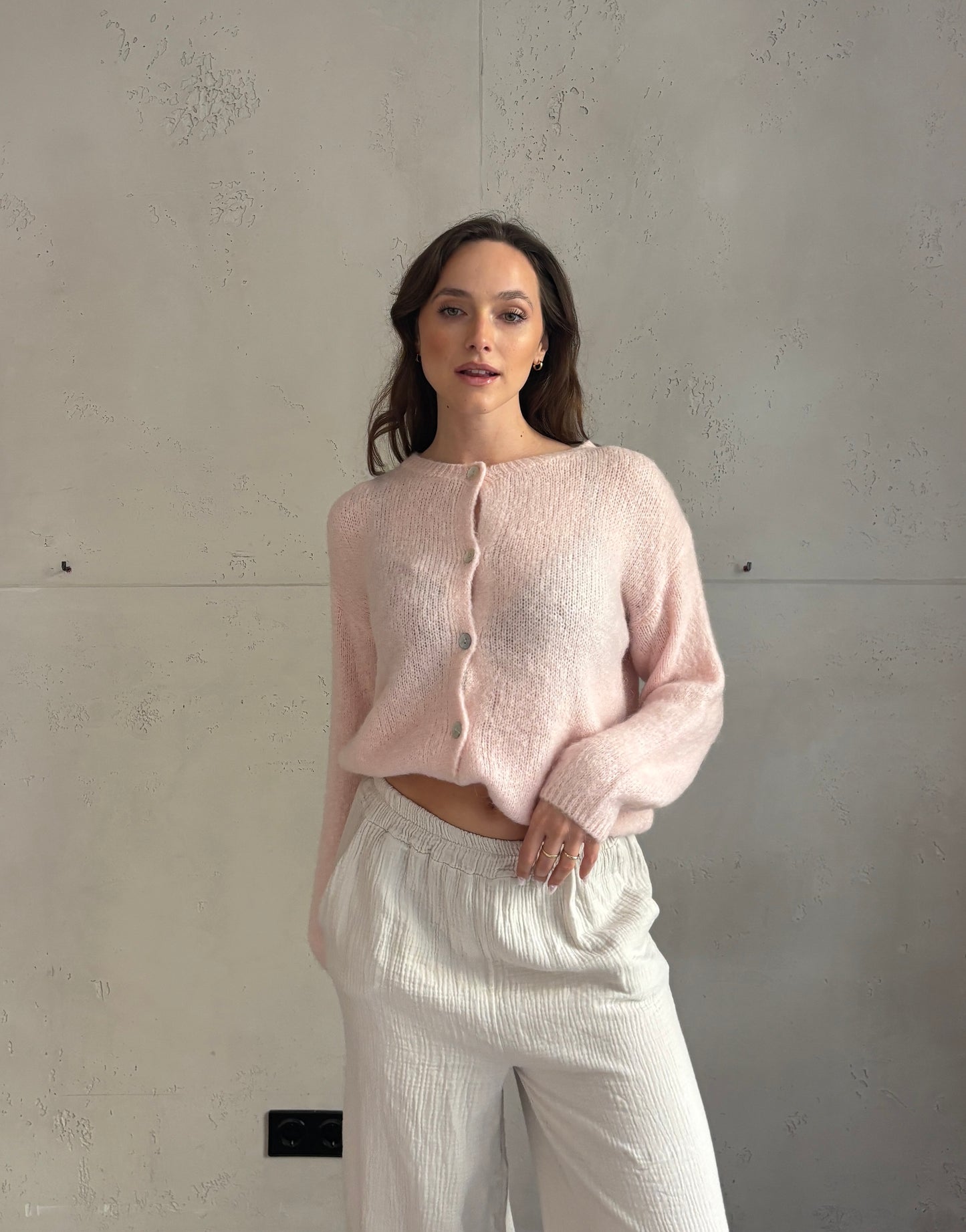 Mohair Strickjacke mit Rundhals