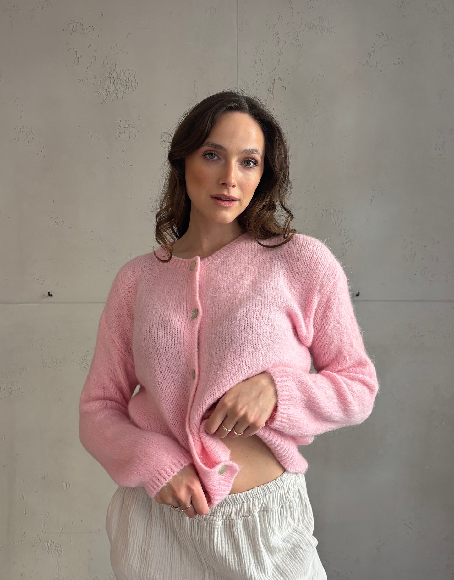 Mohair Strickjacke mit Rundhals