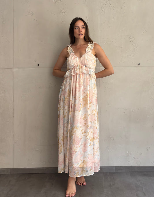 Flower Print Maxi Kleid in Nude