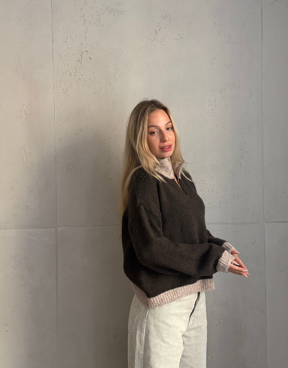 Zweifarbiger Quarterzip-Pullover
