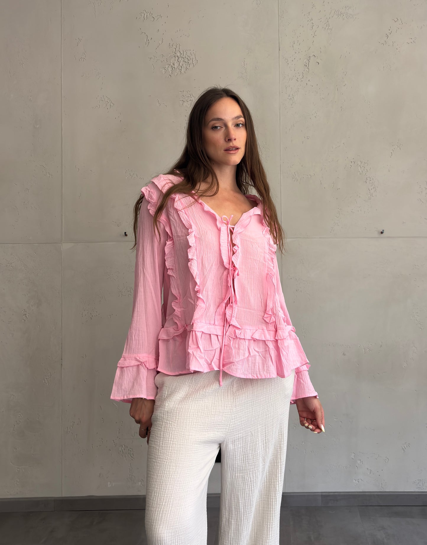 Rüschen-Longsleeve-Bluse zum Zubinden