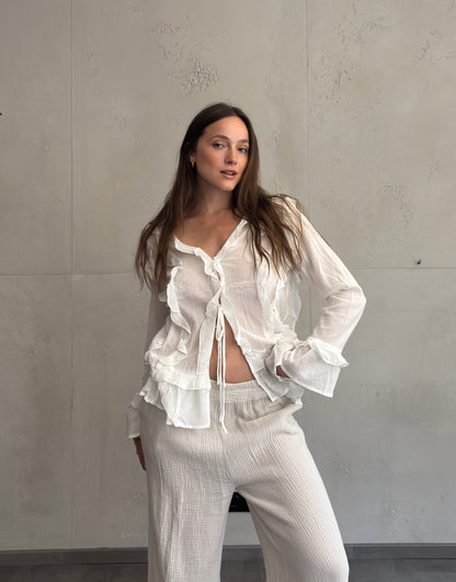 Rüschen-Longsleeve-Bluse zum Zubinden