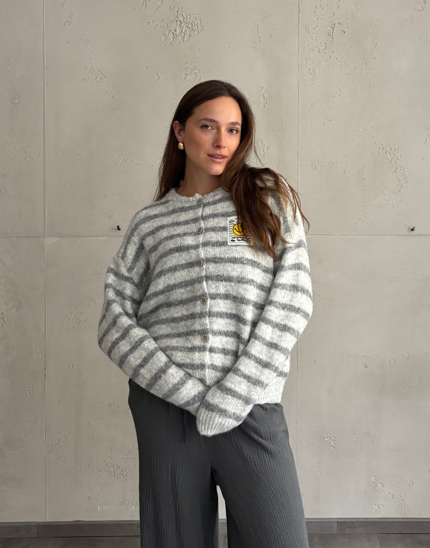 Smiley Patch Strickjacke gestreift