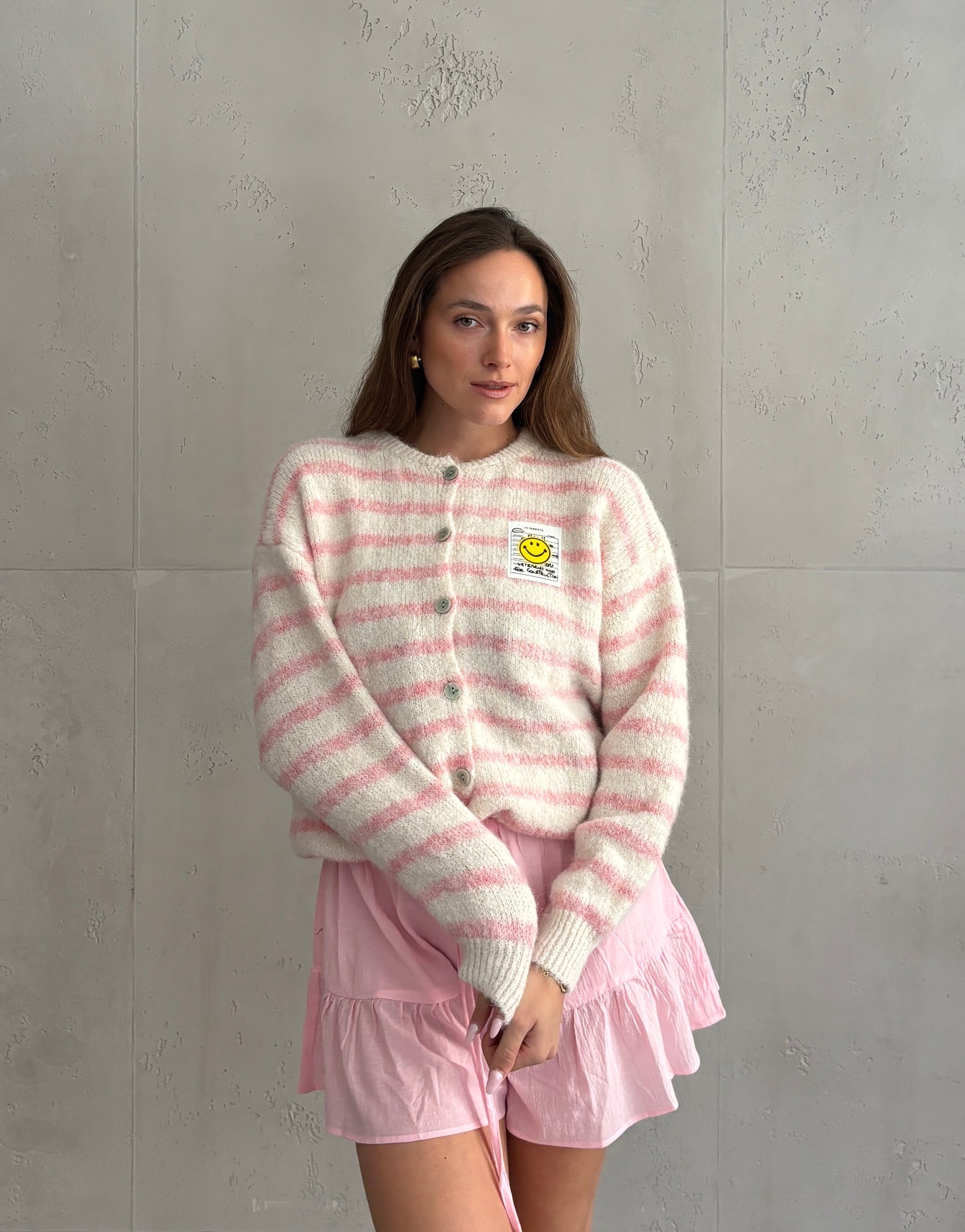 Smiley Patch Strickjacke gestreift