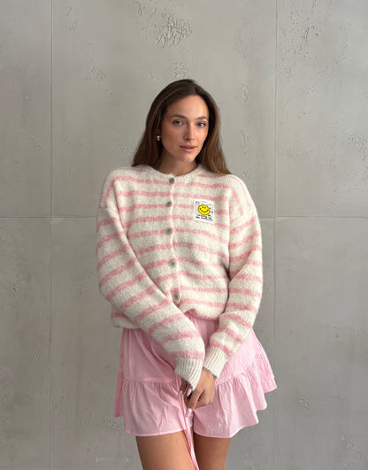 Smiley Patch Strickjacke gestreift