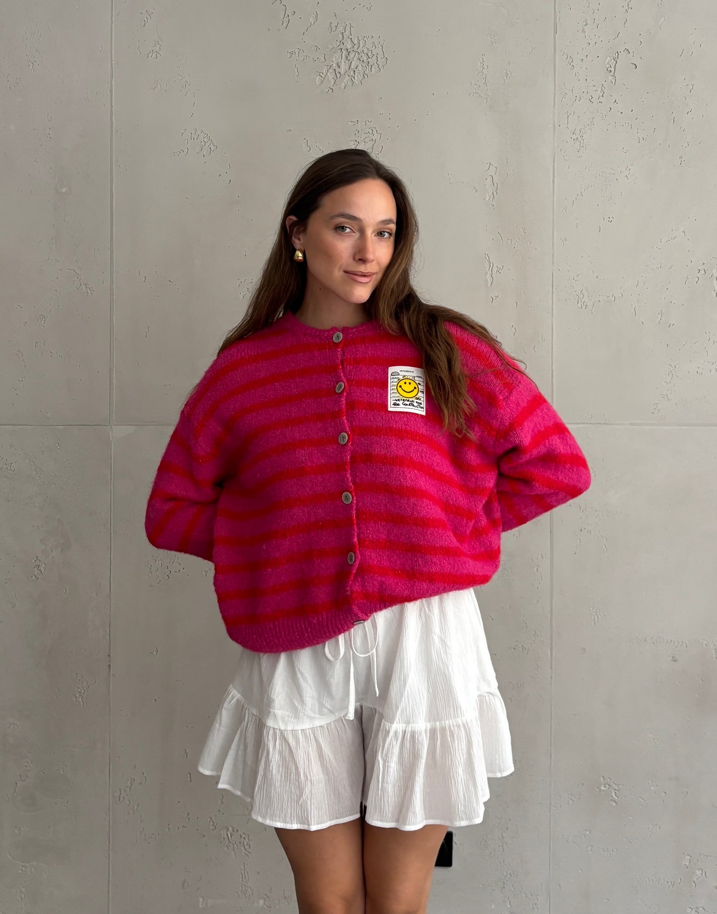 Smiley Patch Strickjacke gestreift