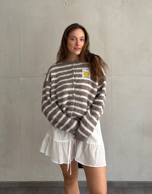 Smiley Patch Strickjacke gestreift