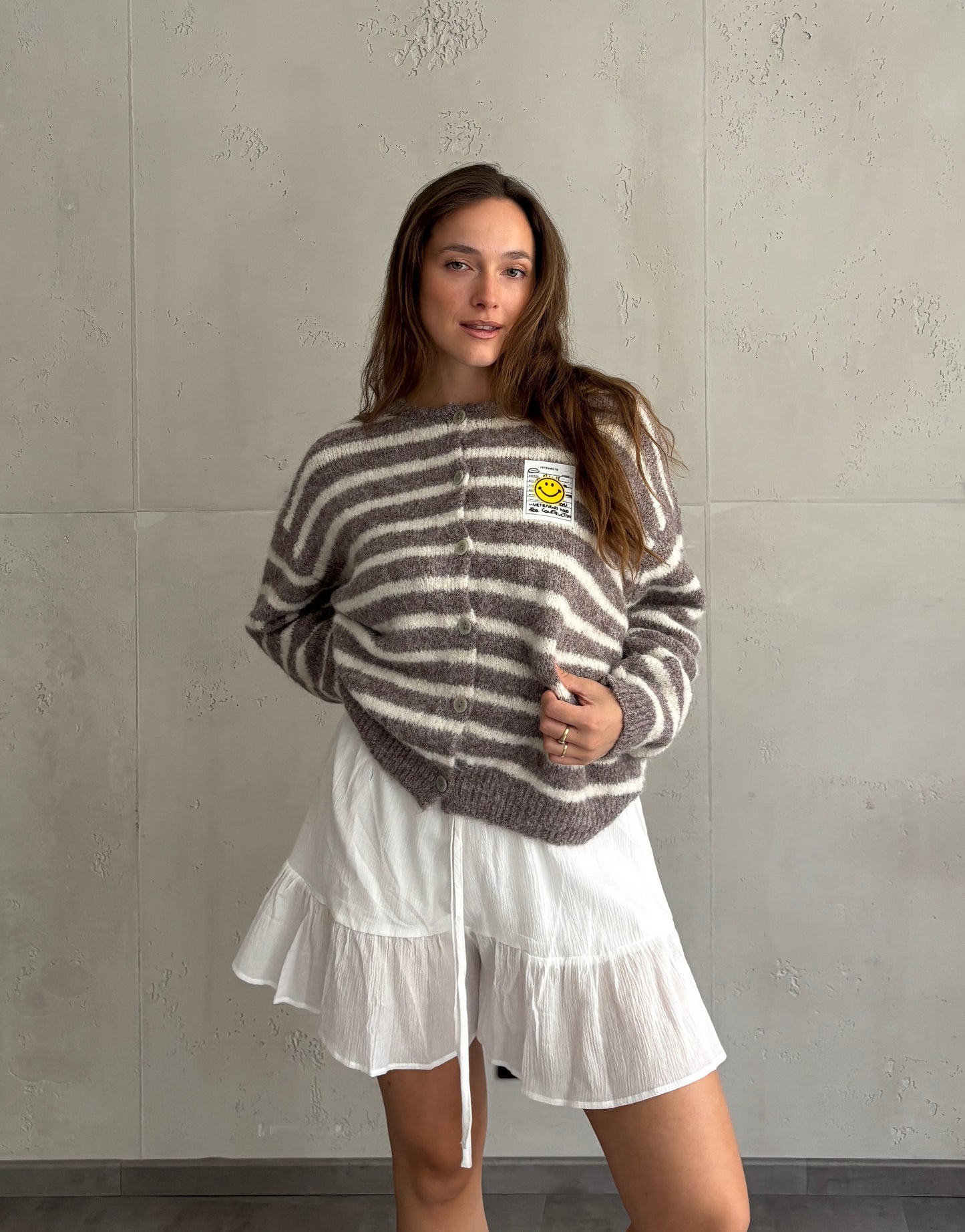 Smiley Patch Strickjacke gestreift