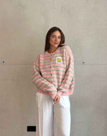 Smiley Patch Strickjacke gestreift
