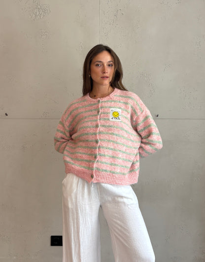 Smiley Patch Strickjacke gestreift