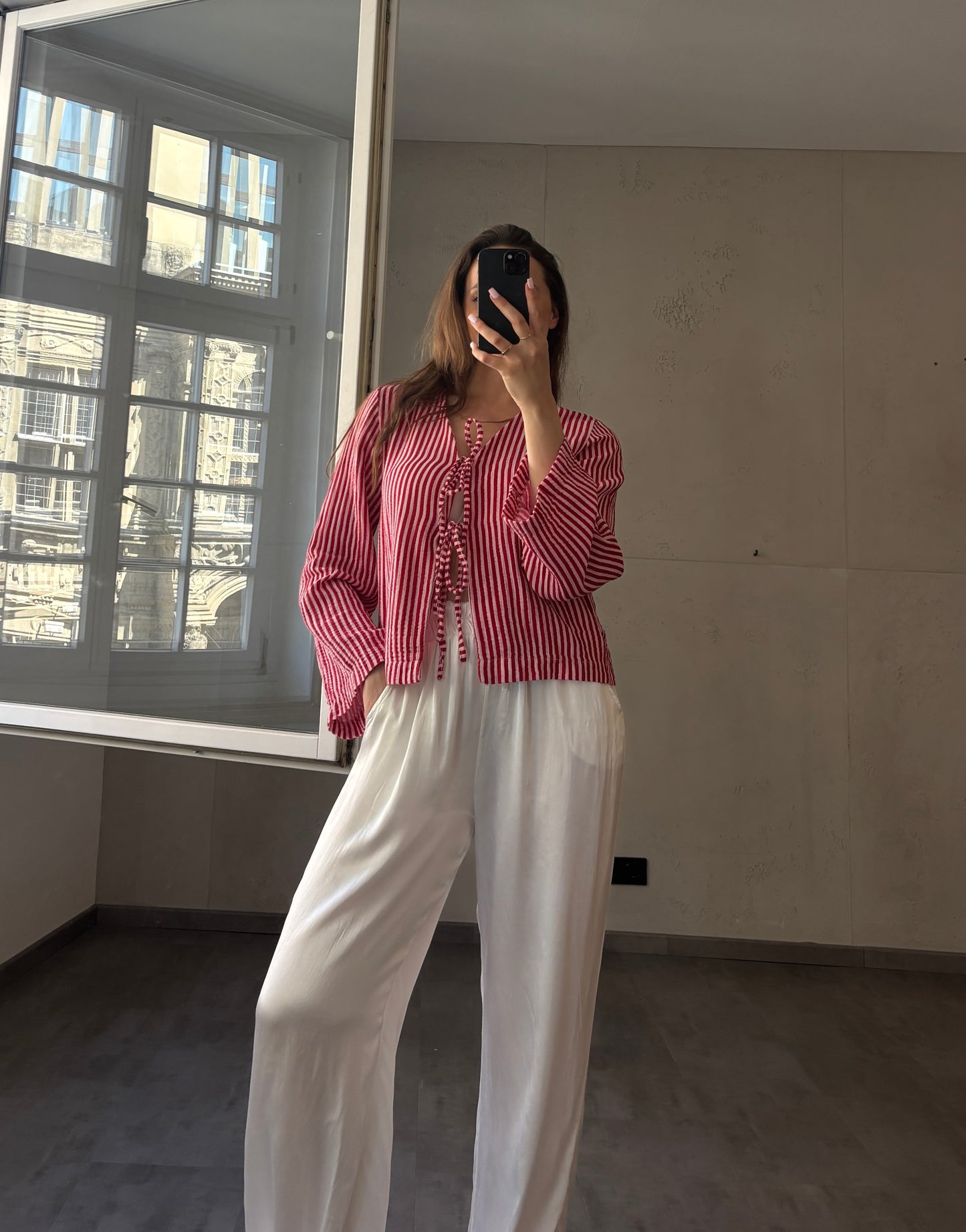 Musselinbluse mit Streifen in Rosa-Rot zum Binden