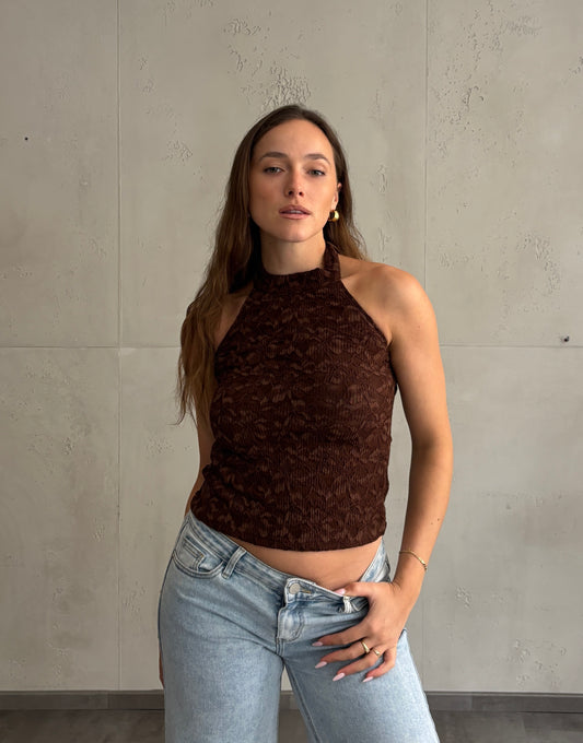 Neckholder Top – Coffee mit dezentem Flower-Detail