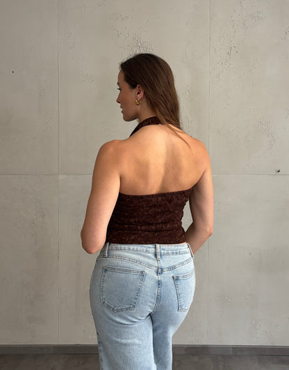 Neckholder Top – Coffee mit dezentem Flower-Detail