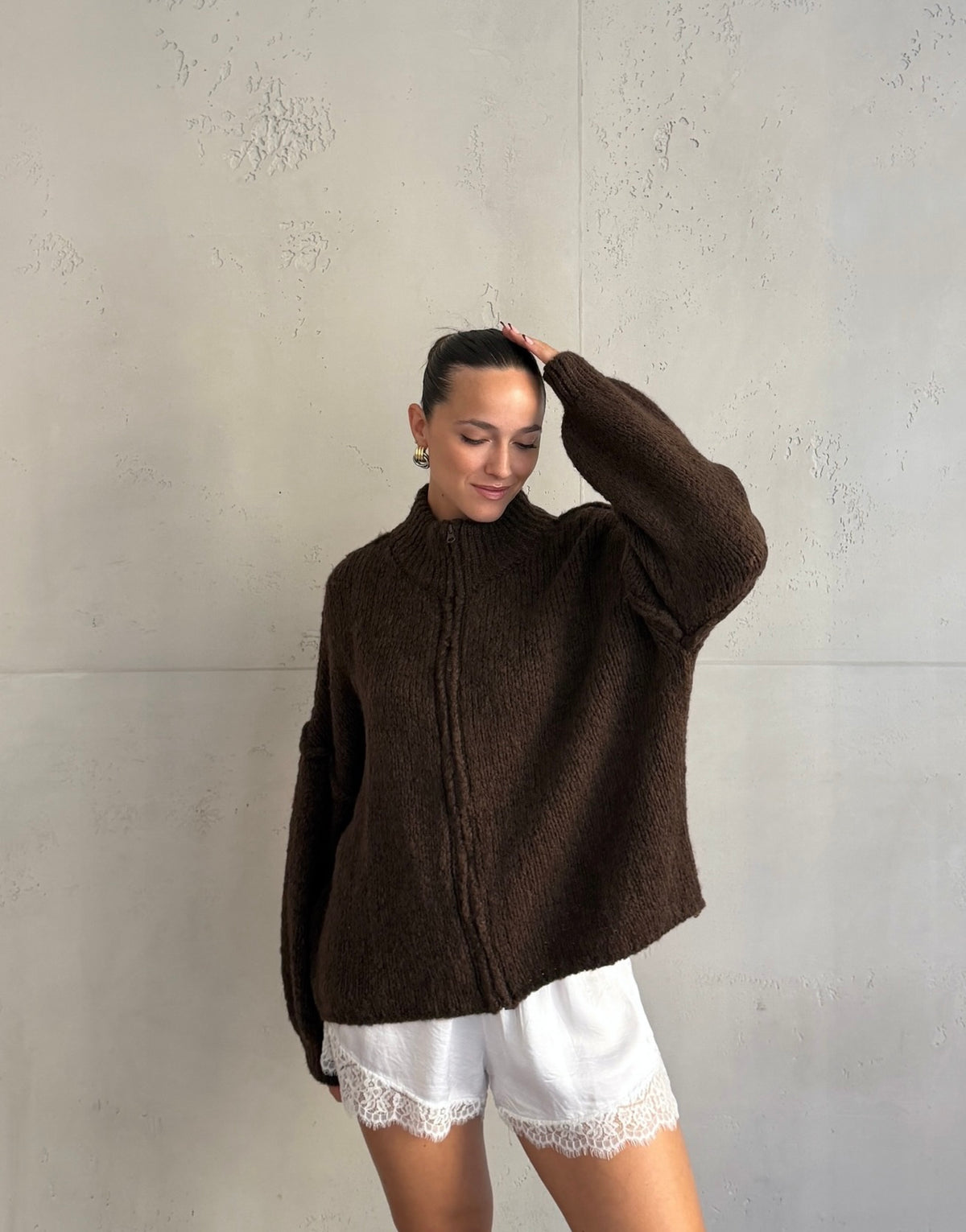 Lange Oversize-Strickjacke mit Zip