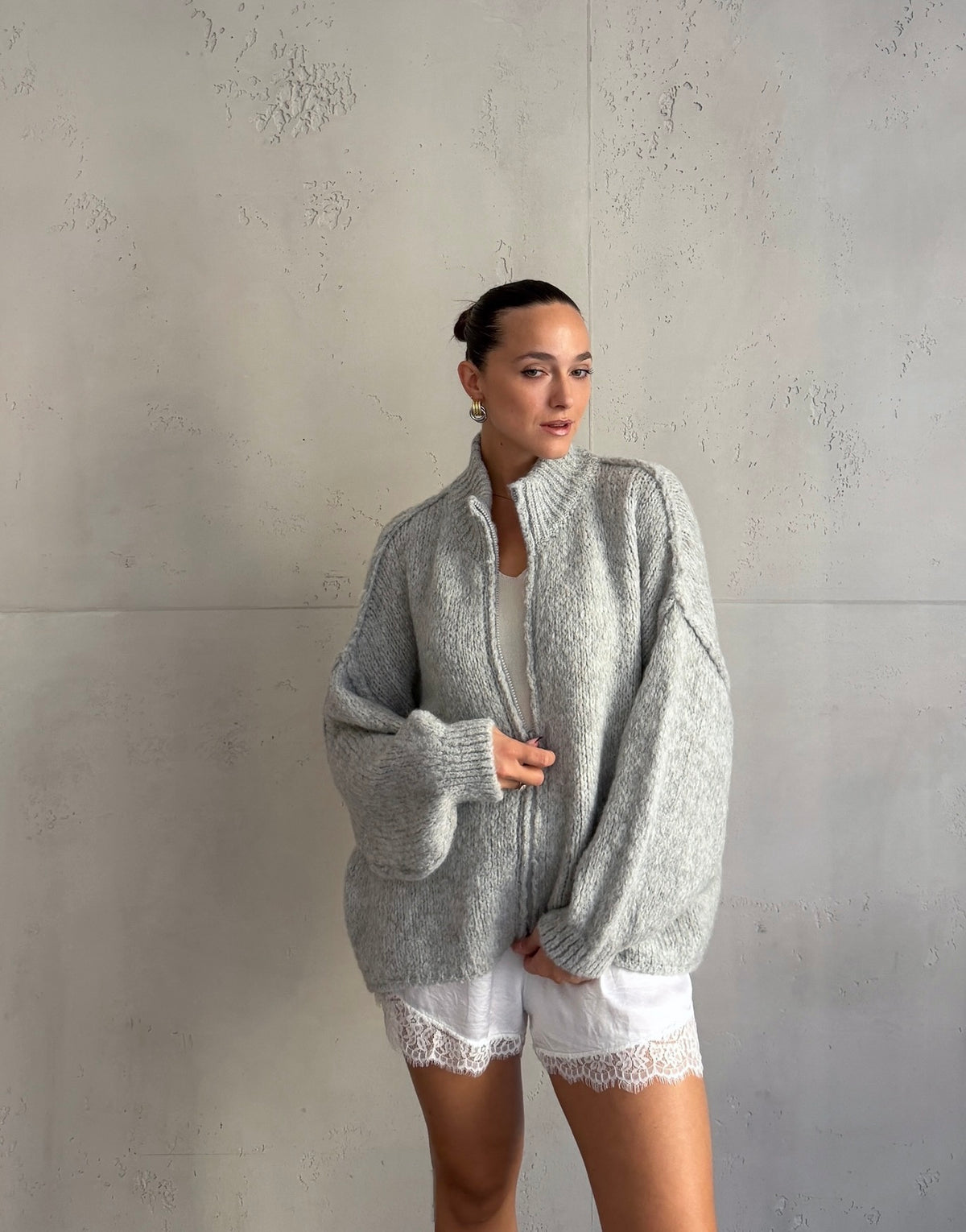 Lange Oversize-Strickjacke mit Zip