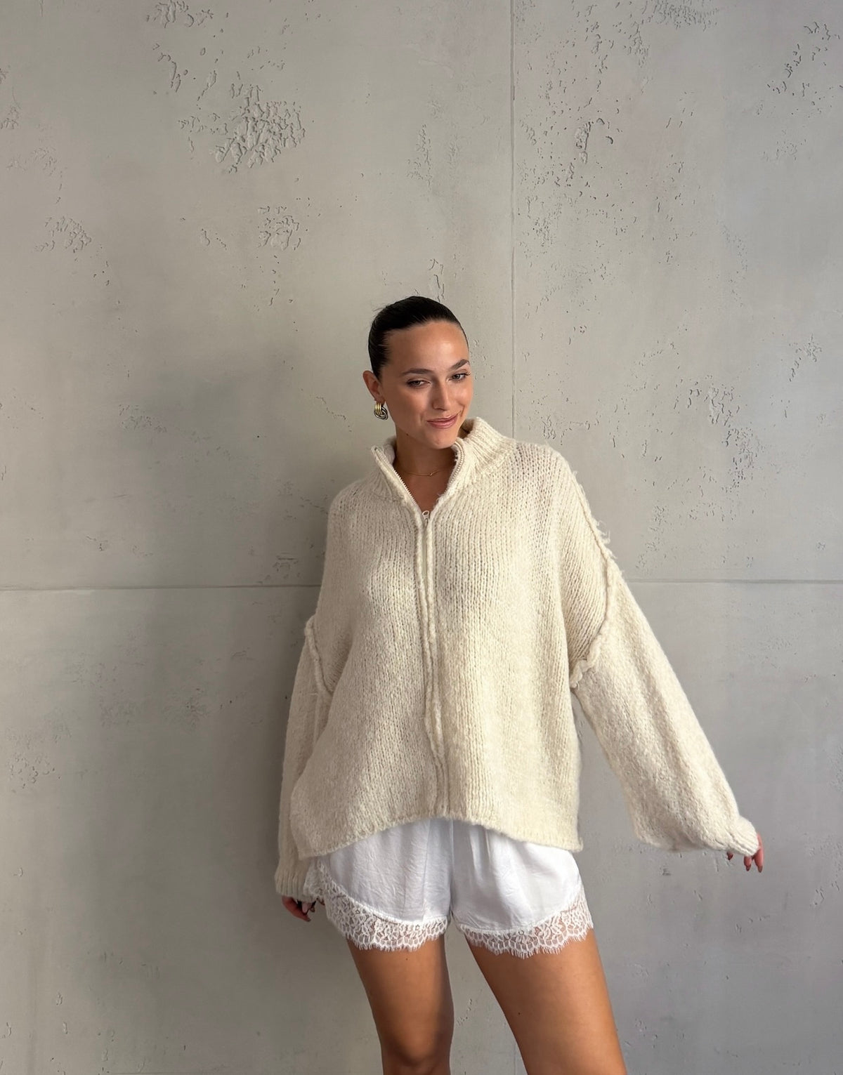 Lange Oversize-Strickjacke mit Zip