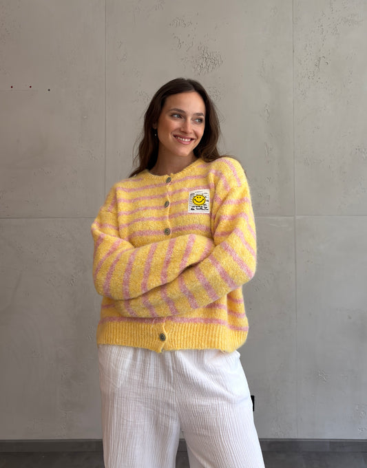 Smiley Patch Strickjacke gestreift