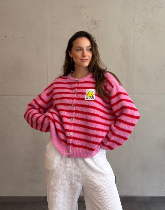 Smiley Patch Strickjacke gestreift