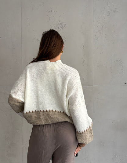 Strickjacke mit Kontrastnaht - Colorblock in Weiß · Beige · Braun