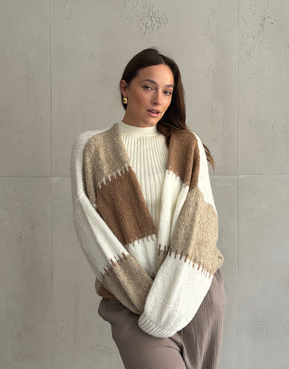 Strickjacke mit Kontrastnaht - Colorblock in Weiß · Beige · Braun