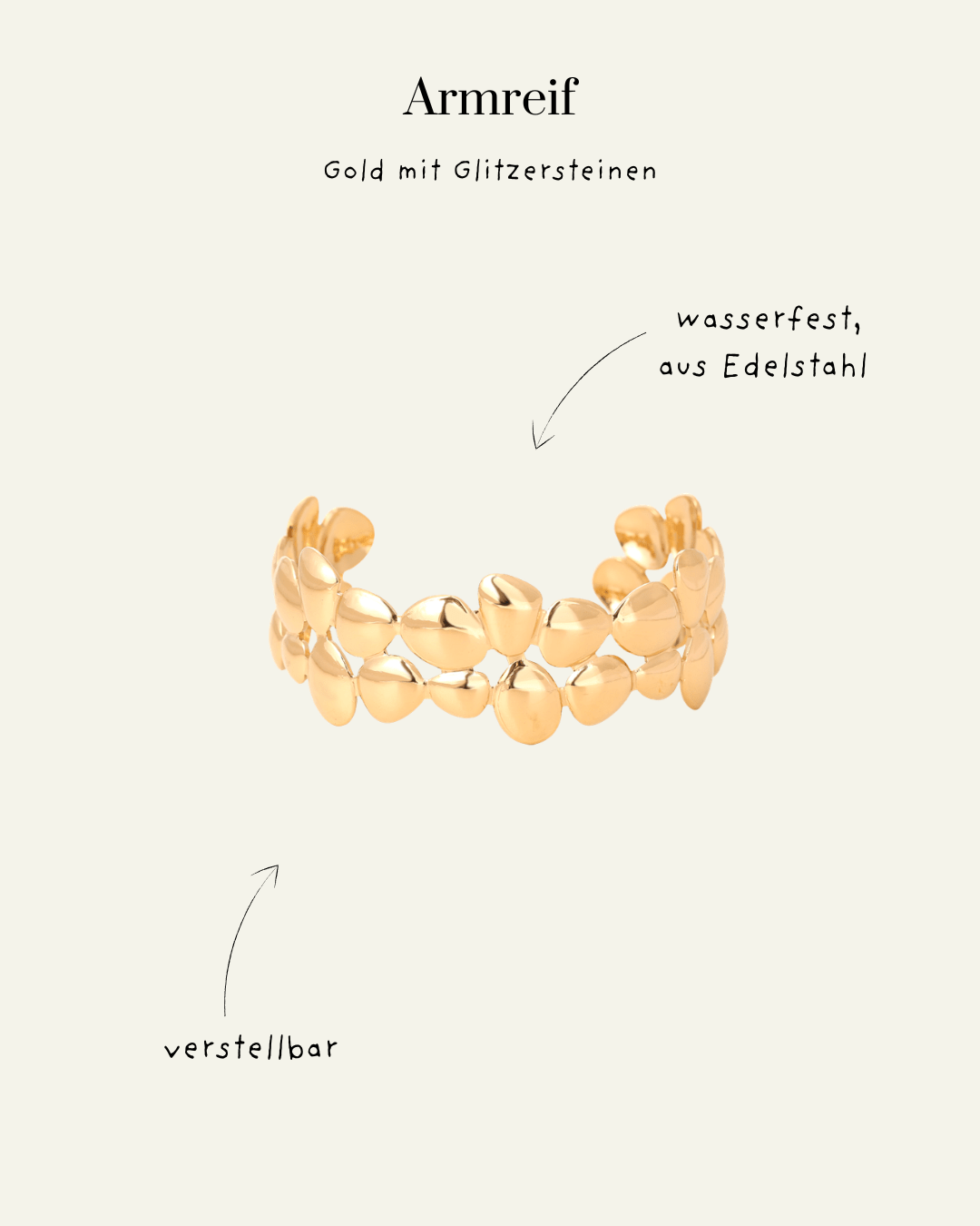 Adjustable Bracelet – Edelstahl, Gold, Glitzersteine - Switch-Fashion