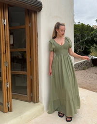Baumwoll Maxikleid mit Kurzarm & Gummibund – Uni in Khaki
