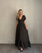 Baumwoll Maxikleid mit Kurzarm & Gummibund – Uni in Khaki - Switch-Fashion