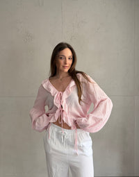 Baumwoll Rüschenbluse mit Ärmeln zum Binden – Bestseller in Weiß,Gelb, Beige und Pink