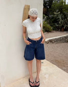 Denim Bermuda Shorts – Wide Fit, Bundfalte, Mittelblau - Switch-Fashion
