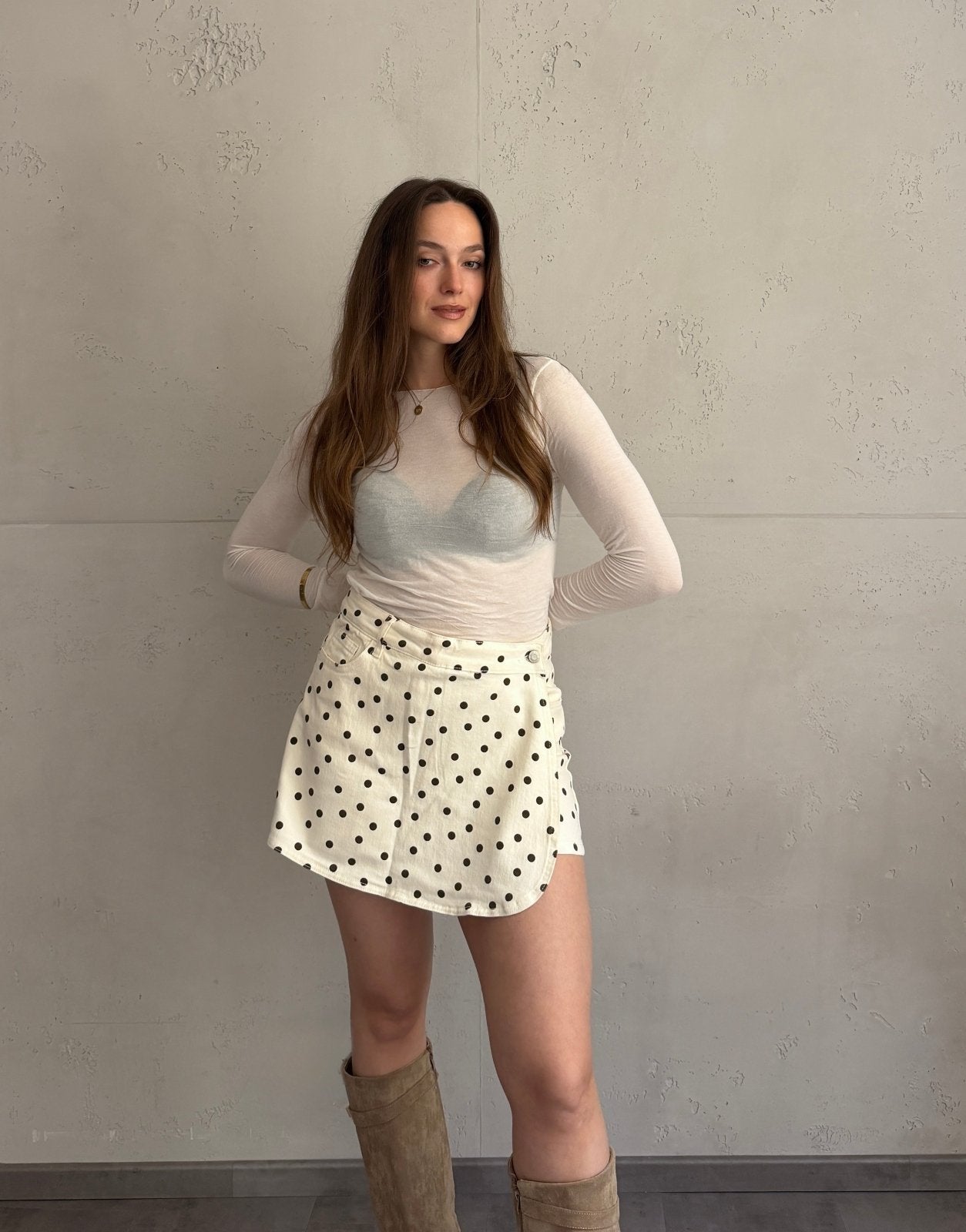 Denim Skort mit Punkten in Wickeloptik – Offwhite & Coffee - Switch - Fashion