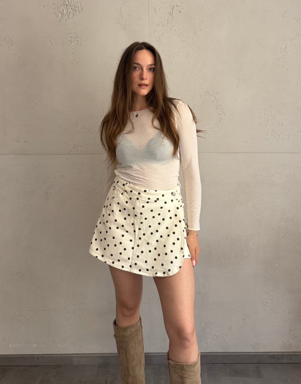 Denim Skort mit Punkten in Wickeloptik – Offwhite & Coffee - Switch - Fashion