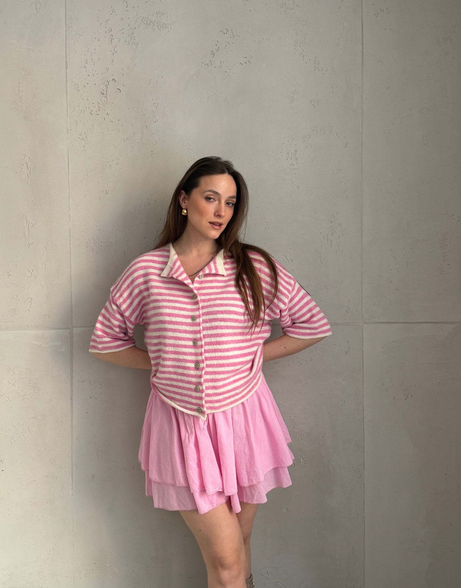 Durchgeknöpfter Kurzarm - Pullover mit Streifen - Switch - Fashion