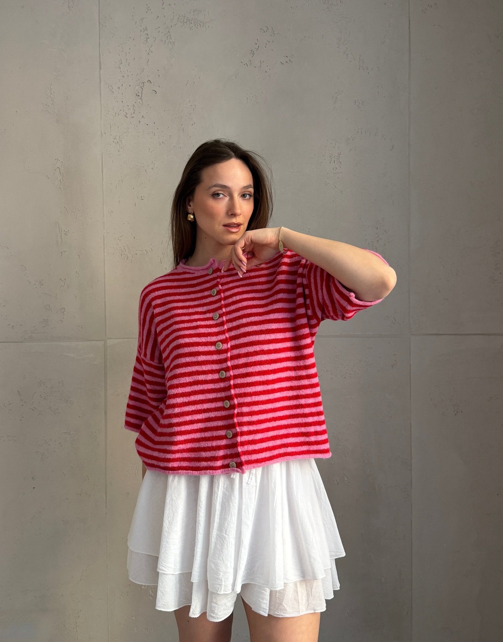 Durchgeknöpfter Kurzarm - Pullover mit Streifen - Switch - Fashion