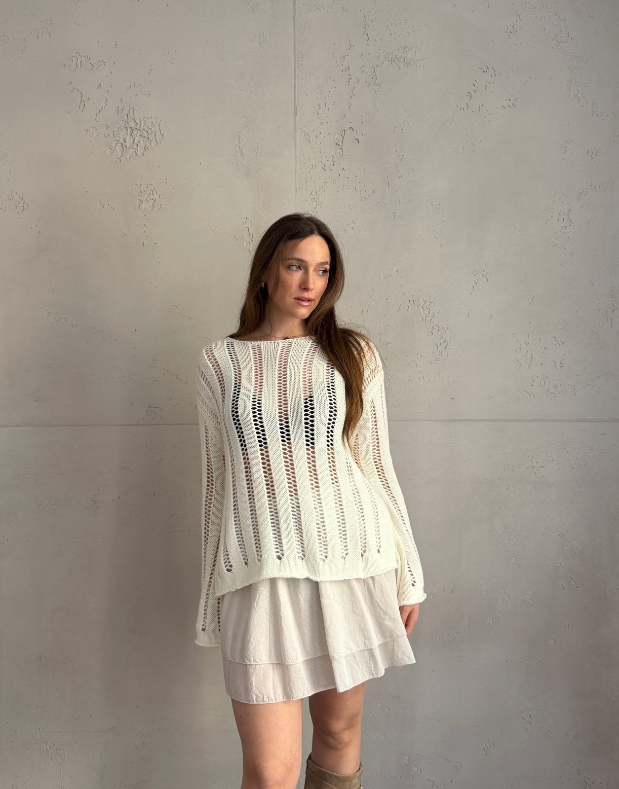 Gehäkelter Pullover mit ausgestellten Ärmeln – Weitmaschig in Offwhite - Switch - Fashion