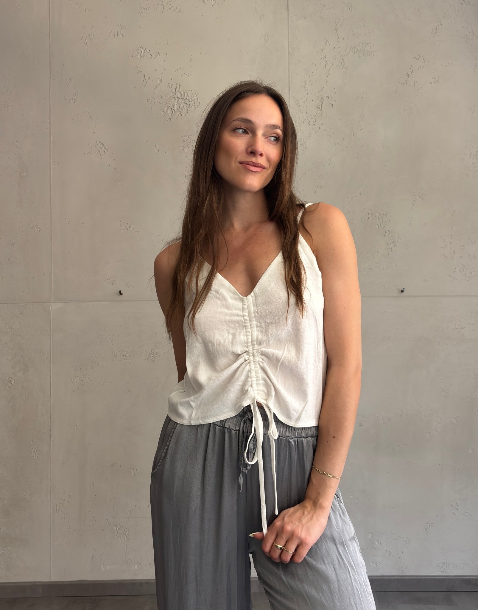 Gerafftes Leinen - Top mit Schnür - Detail & Spaghettiträgern - Switch - Fashion