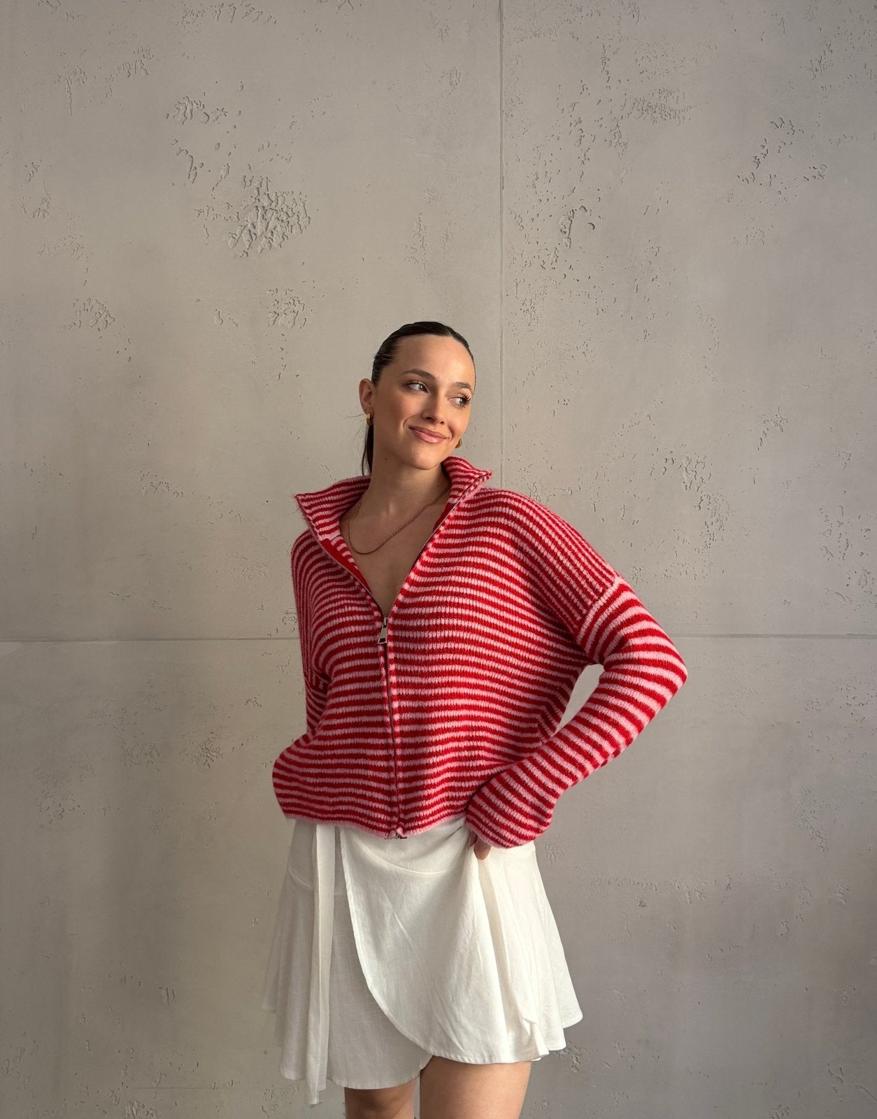 Gestreifte Strickjacke mit Reißverschluss & Stehkragen - Switch - Fashion