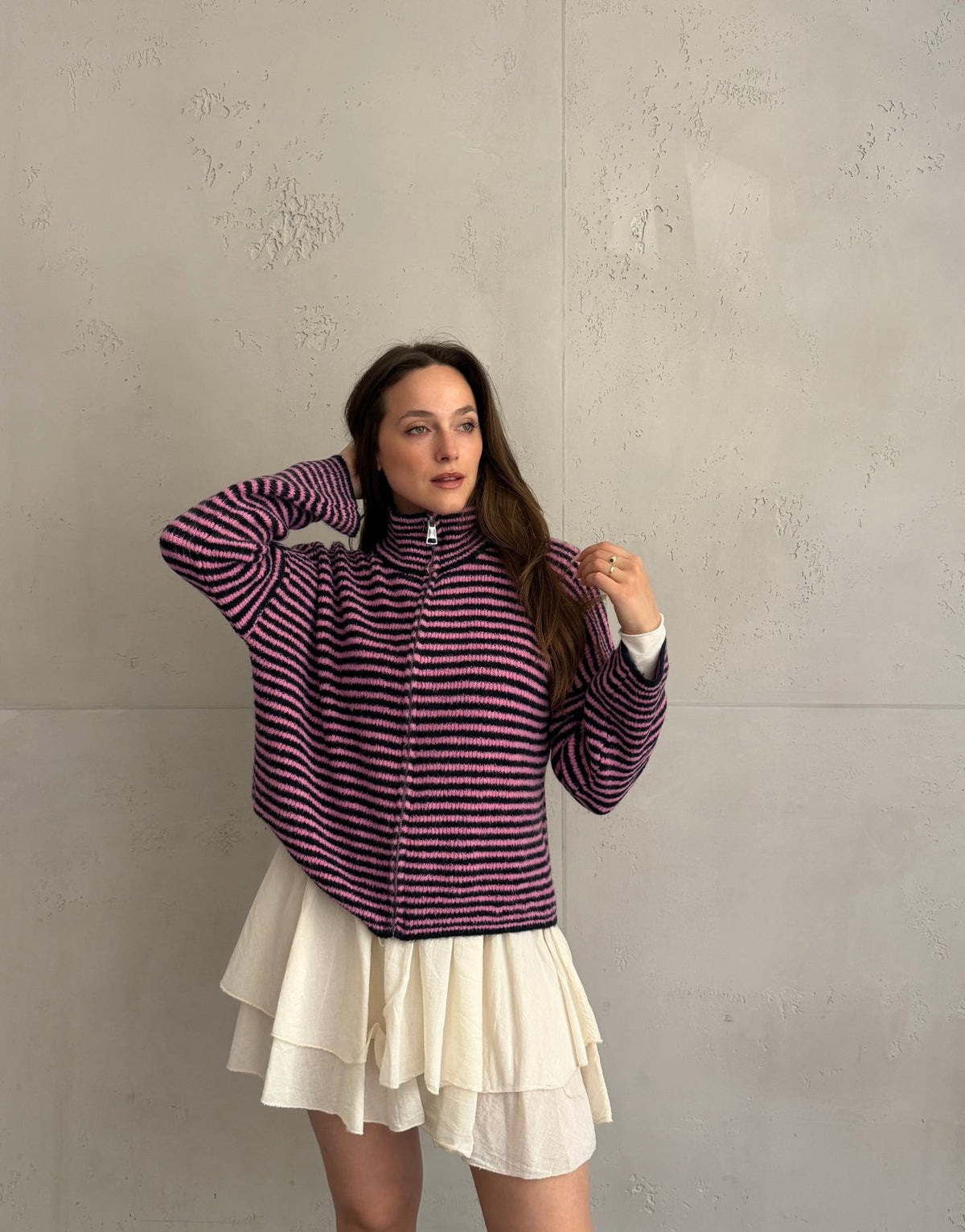 Gestreifte Strickjacke mit Reißverschluss & Stehkragen - Switch - Fashion