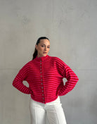 Gestreifte Strickjacke mit Stehkragen & Knöpfen - Switch - Fashion