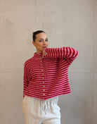 Gestreifte Strickjacke mit Stehkragen & Knöpfen - Switch - Fashion