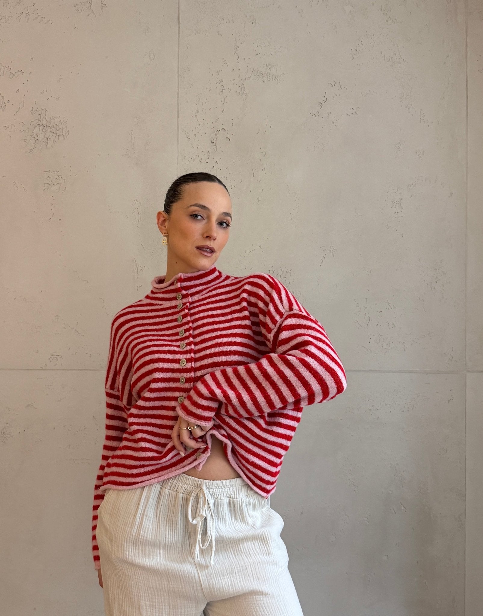 Gestreifte Strickjacke mit Stehkragen & Knöpfen - Switch - Fashion