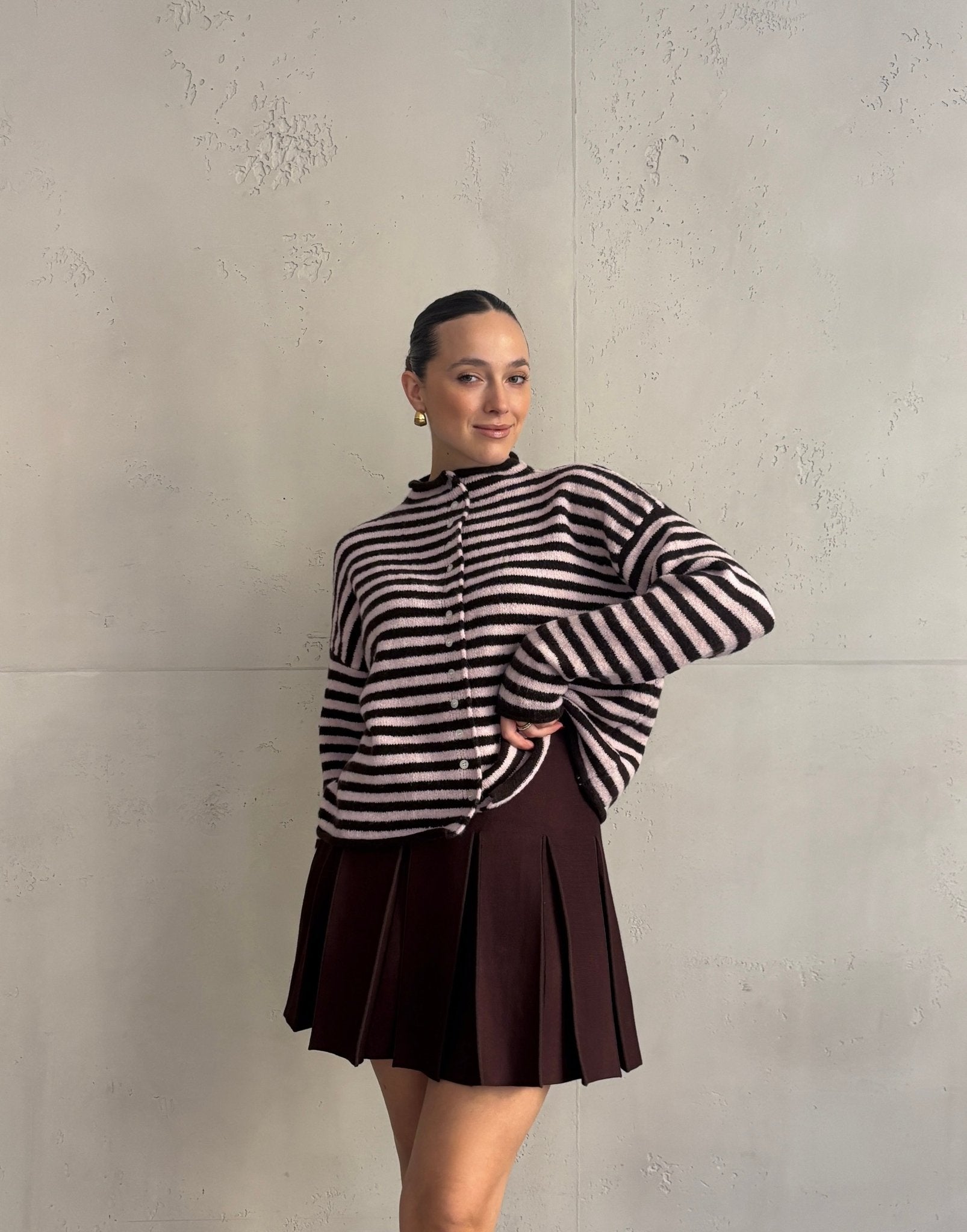 Gestreifte Strickjacke mit Stehkragen & Knöpfen - Switch - Fashion