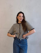 Gestreifter Kurzarm - Pullover mit Knopfleiste - Switch - Fashion