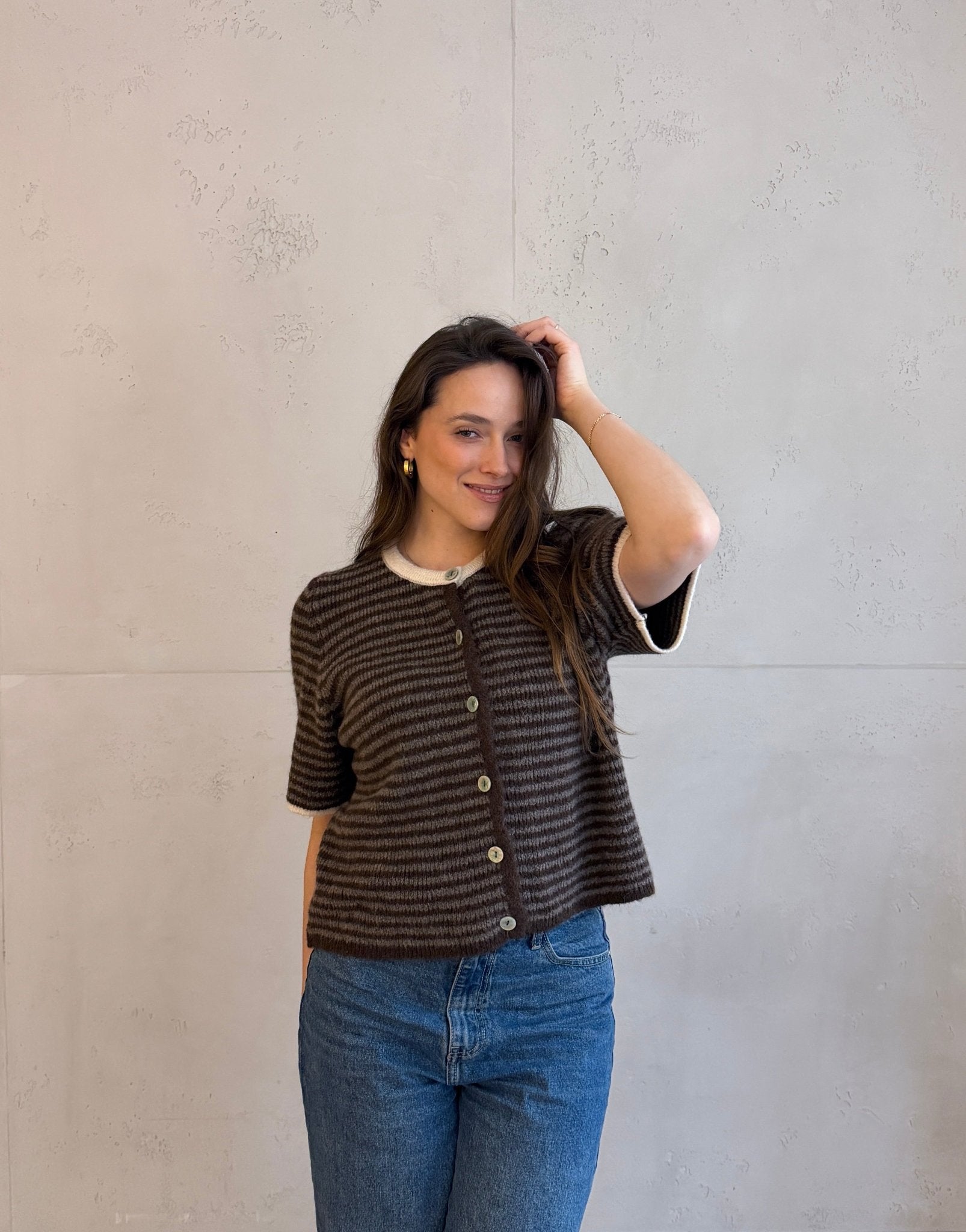 Gestreifter Kurzarm - Pullover mit Knopfleiste - Switch - Fashion