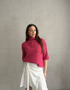 Gestreifter Kurzarm - Pullover mit Quarter - Zip und Kragen - Switch - Fashion